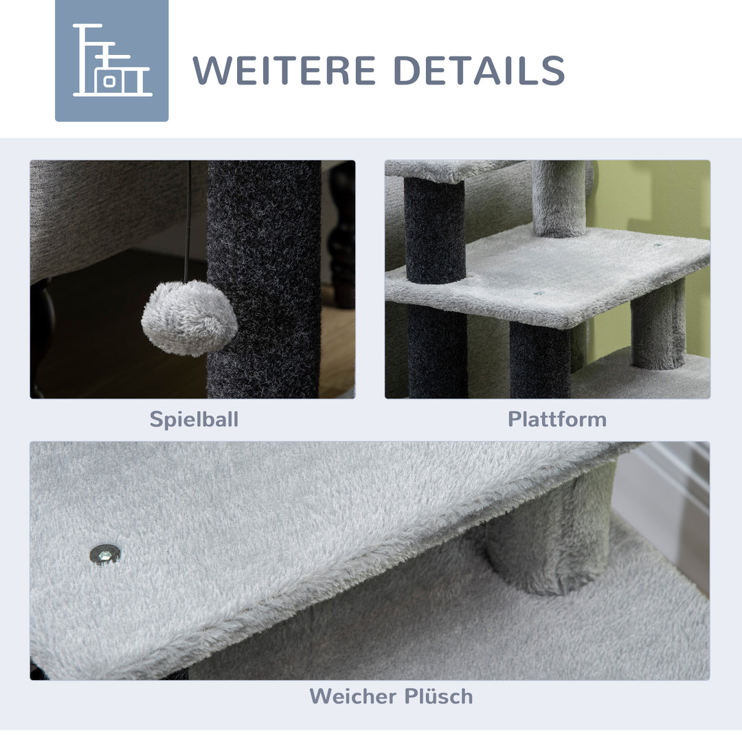 Kradsetræ, kæledyrstrappe, 4 trin, legebold, hus, højdejusterbart, sort+grå, 60 x 40 x 66 cm