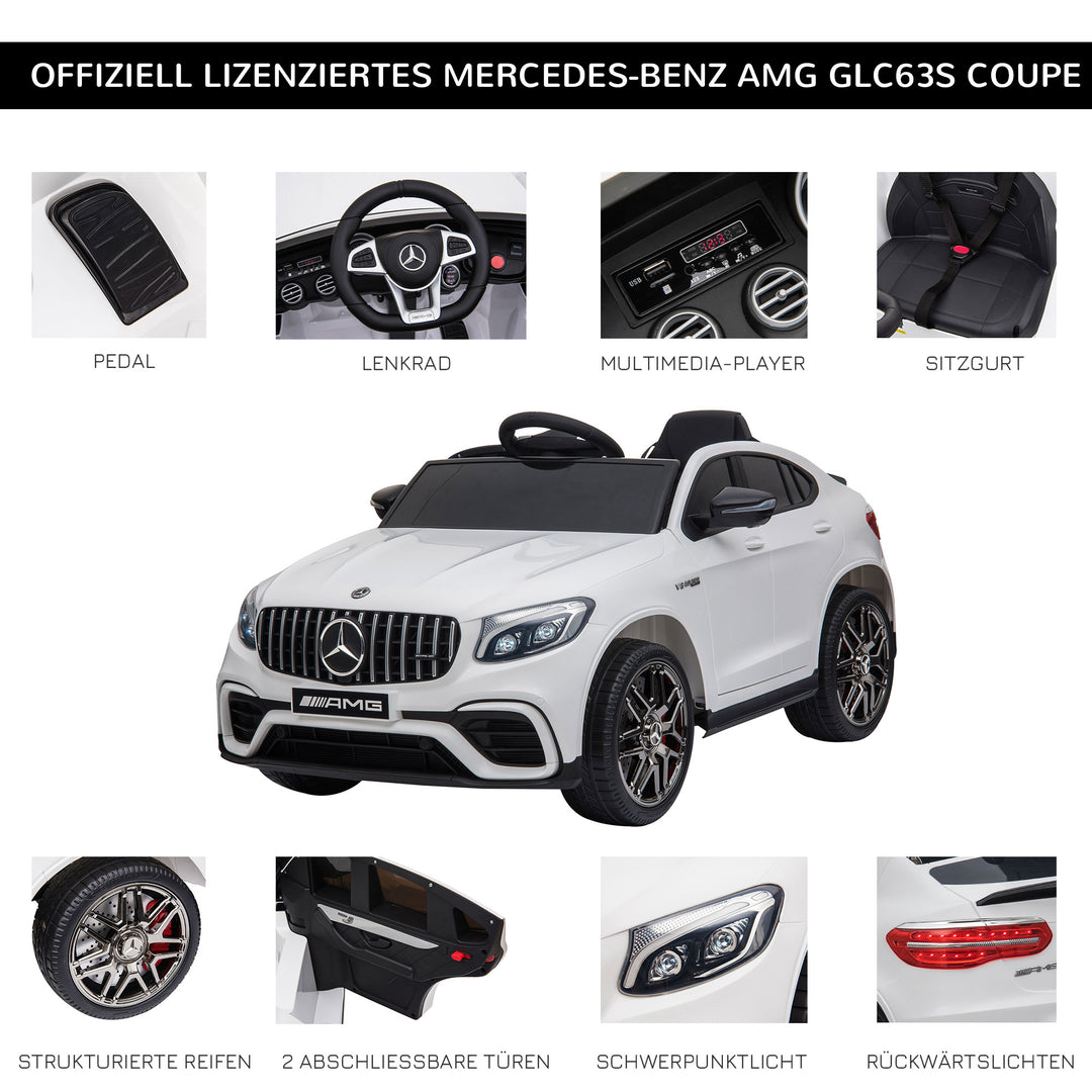 Børnebil 12v mercedes-benz amg glc63s coupe licenseret elbil med fjernbetjent sikkerhedssele 2 x 35w motorer mp337-60 måneder hvid 115 x 70 x 55 cm