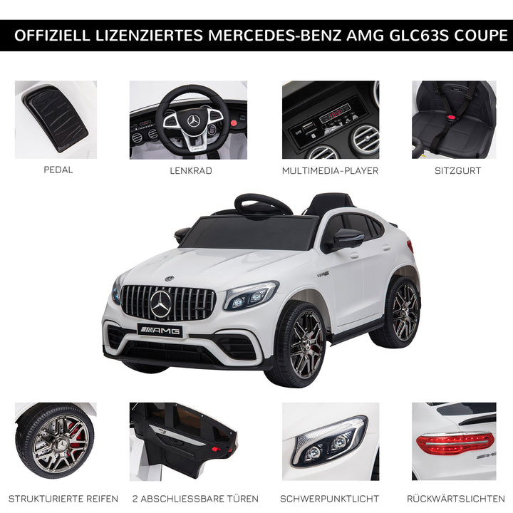 Børnebil 12v mercedes-benz amg glc63s coupe licenseret elbil med fjernbetjent sikkerhedssele 2 x 35w motorer mp337-60 måneder hvid 115 x 70 x 55 cm