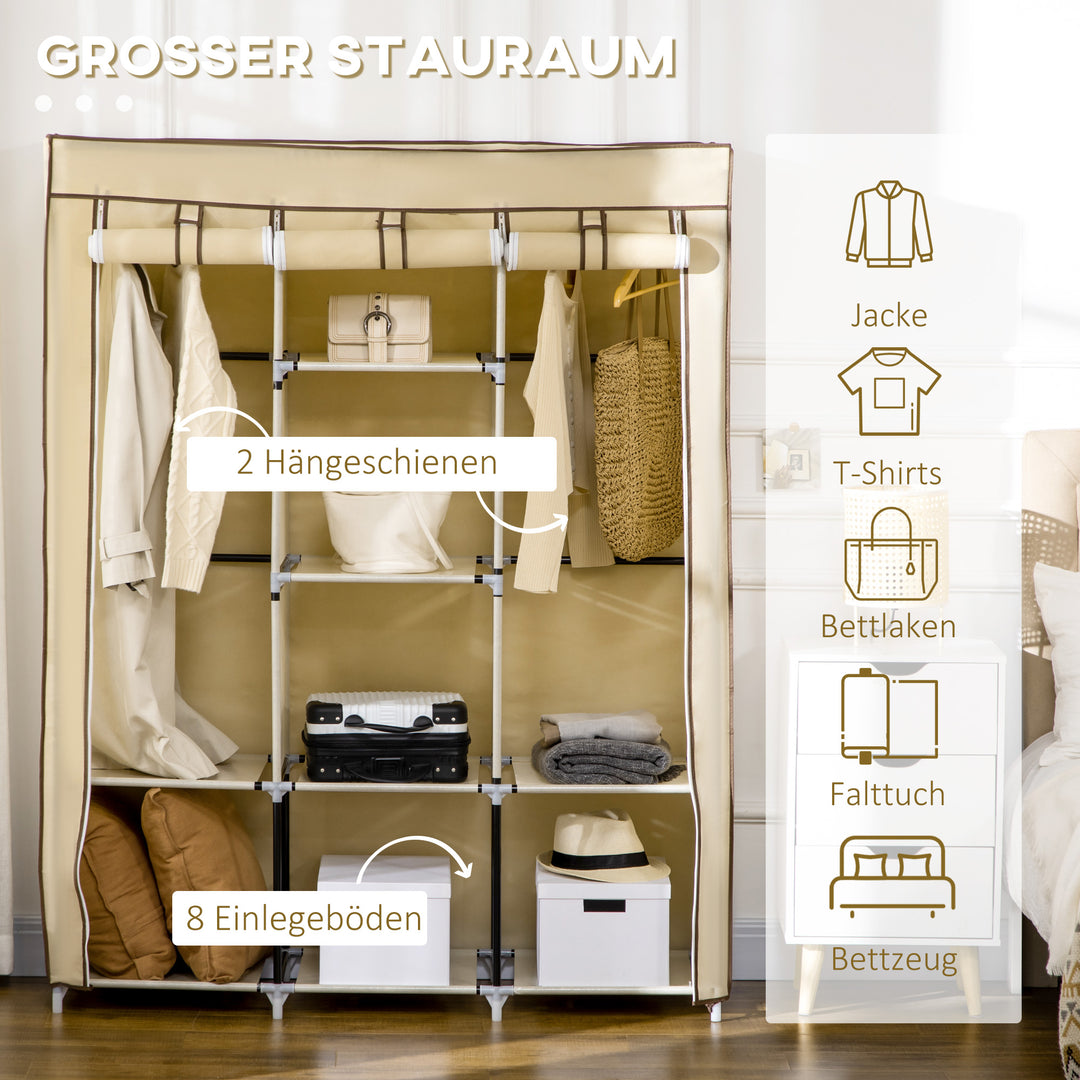 Stofgarderobe, opbevaringsløsning, 8 hylder, 2 garderobestativer, beige