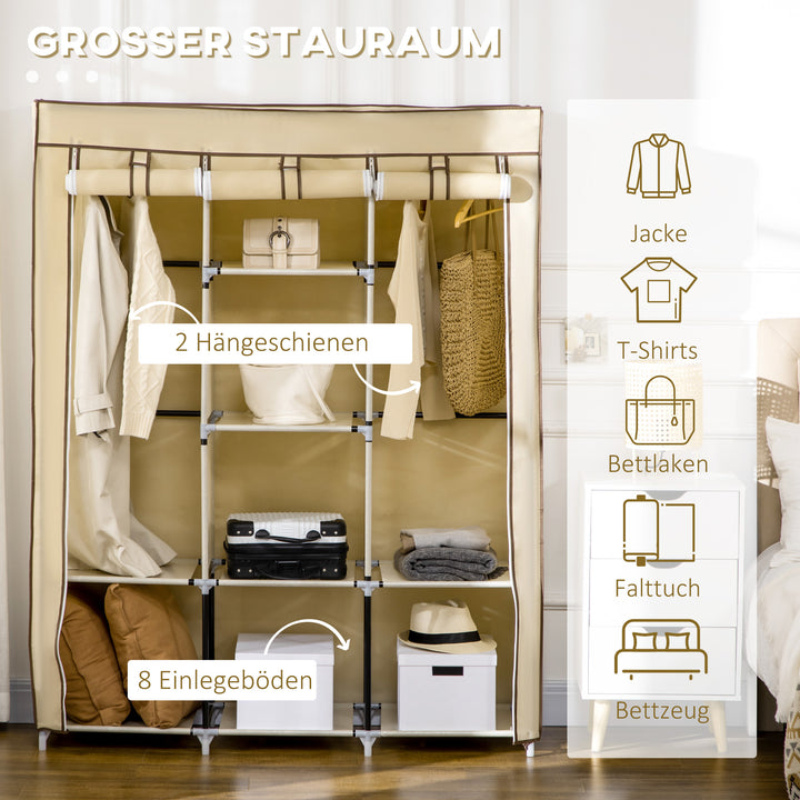 Stofgarderobe, opbevaringsløsning, 8 hylder, 2 garderobestativer, beige