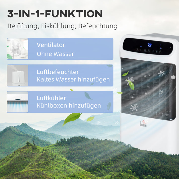 Luftkøler med vandkøling, fjernbetjening, 3 tilstande, 3 hastigheder, 12-timers timer, LED-display, 38x35x81 cm, hvid