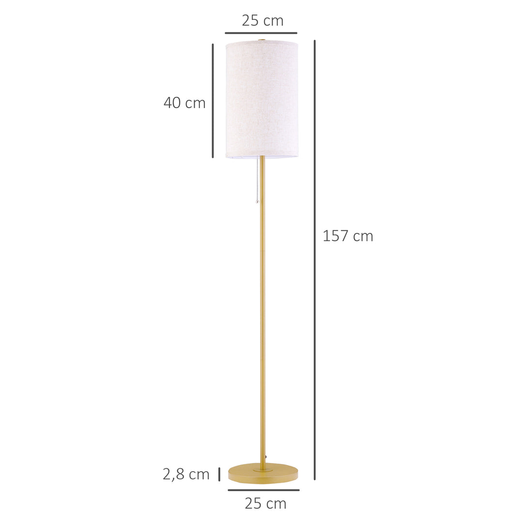 Gulvlampe, elegant stålgulvlampe med stofskærm, stuelampe, trækkædeafbryder, guld+hvid