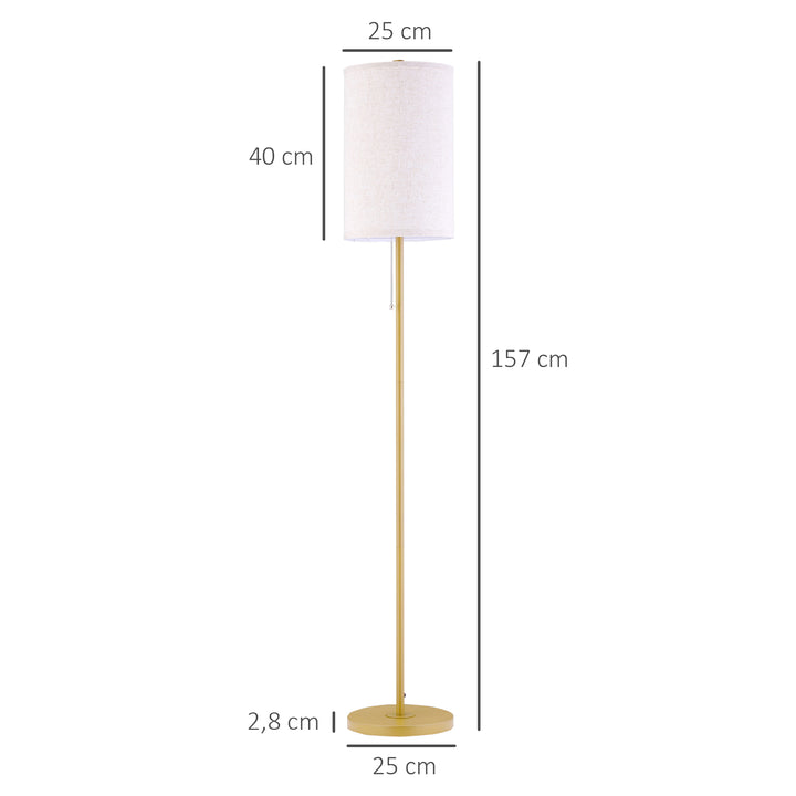 Gulvlampe, elegant stålgulvlampe med stofskærm, stuelampe, trækkædeafbryder, guld+hvid