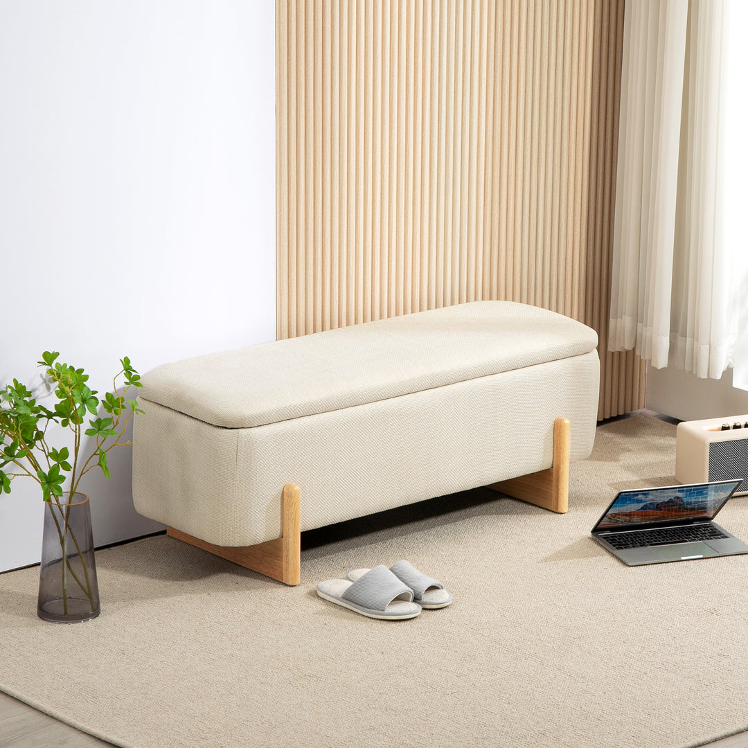Skammel med opbevaringsplads, bænk med skumpolstring, imiteret linned, 111 x 44 x 44,5 cm, cremehvid