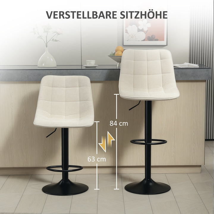 Moderne barstol, sæt med 2 drejebarstole med ryglæn, højdejusterbar, med fodstøtte, polstret, beige