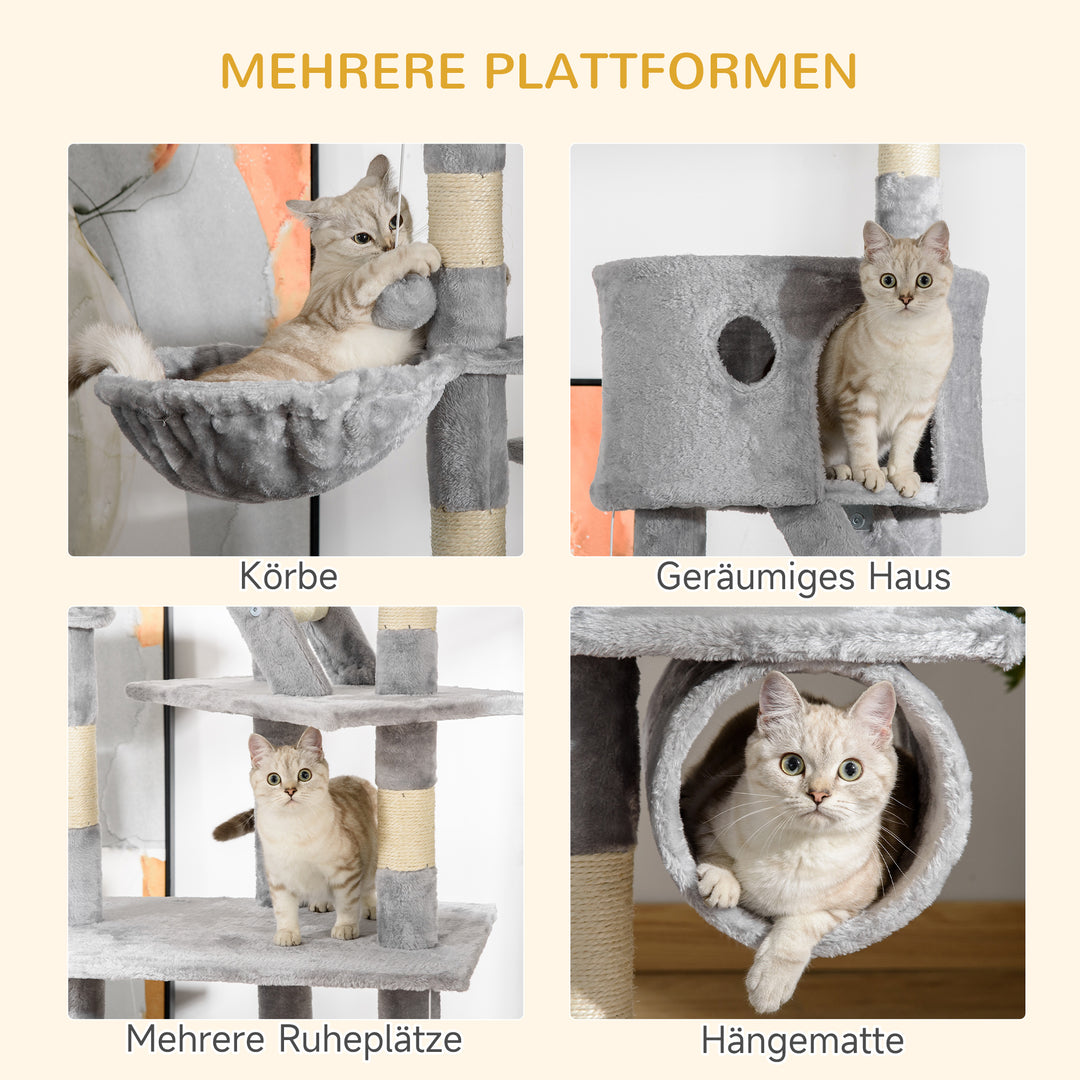 Kradsetræ til katte 240-260 cm loftshøjde, stort kradsetræ, klatretræ til store katte med sisalreb, lysegrå