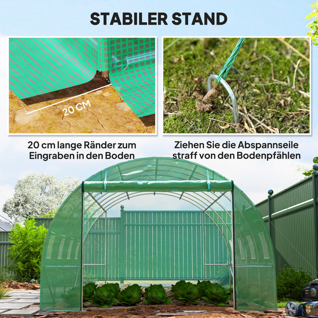 Polytunnel drivhus med plastikdæksel og stålramme, walk-in drivhustelt med rulledøre, grøn