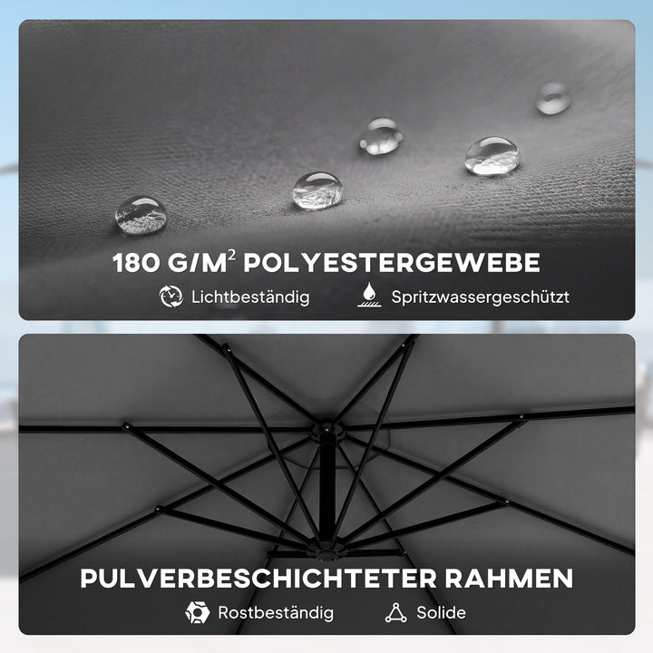 Fritstående parasol ca. Ø300 cm, vipbar, med håndsving, krydsfod, vindreb, beskyttelsesovertræk, mørkegrå