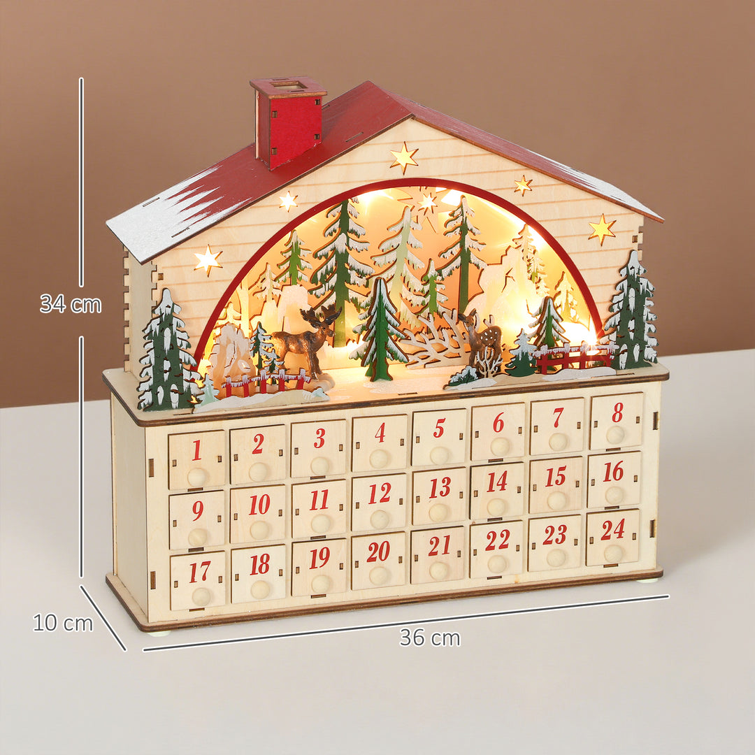 Adventskalender til udfyldning, 24 skuffer og rum, julekalender med LED-lys, naturtræ, 36 x 10 x 34 cm