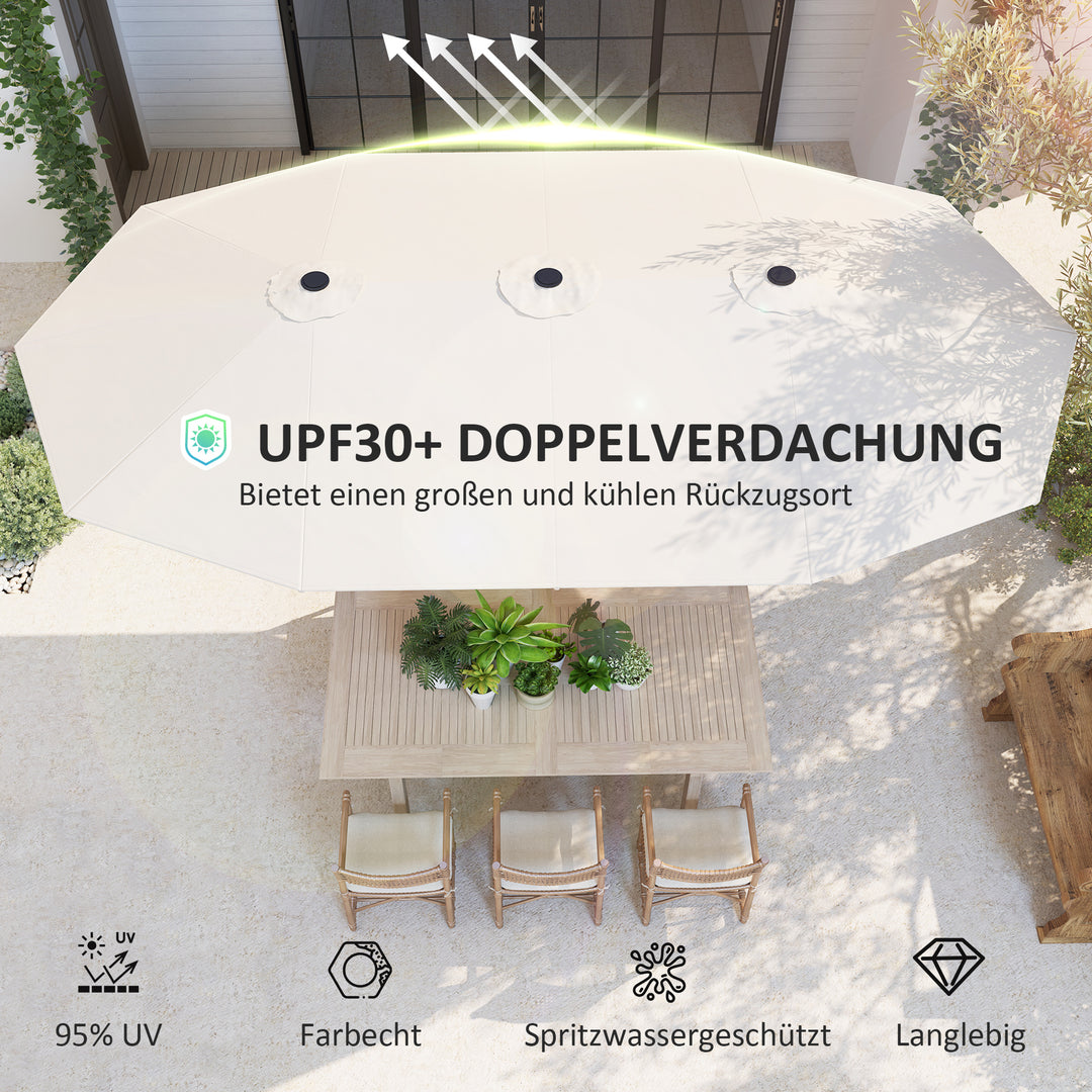 Dobbeltparasol 436 x 260 cm, uv-beskyttende stålparasol med håndsving, oval beige