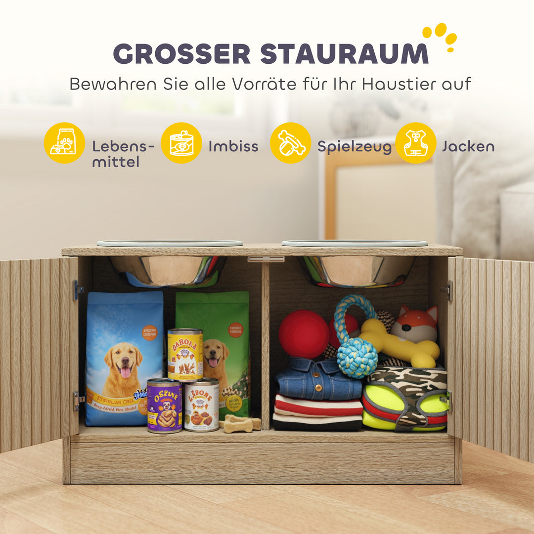 Hundefoderstation med 2 skåle i rustfrit stål, redskabsskab, til store hunde, tilbehør, træ