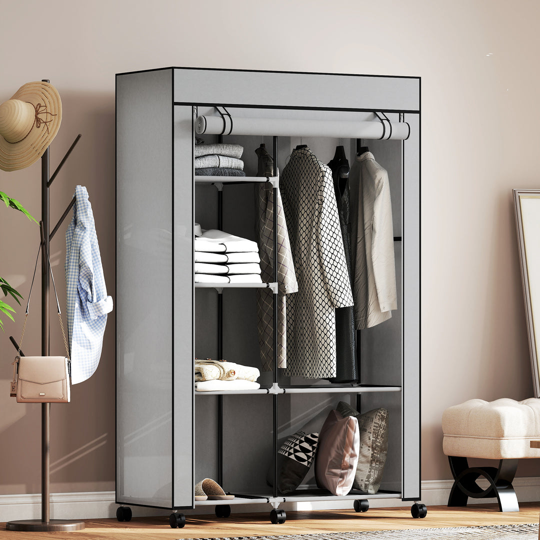 Stofgarderobe, opbevaringsløsning, 6 hylder, 1 garderobestang, lysegrå