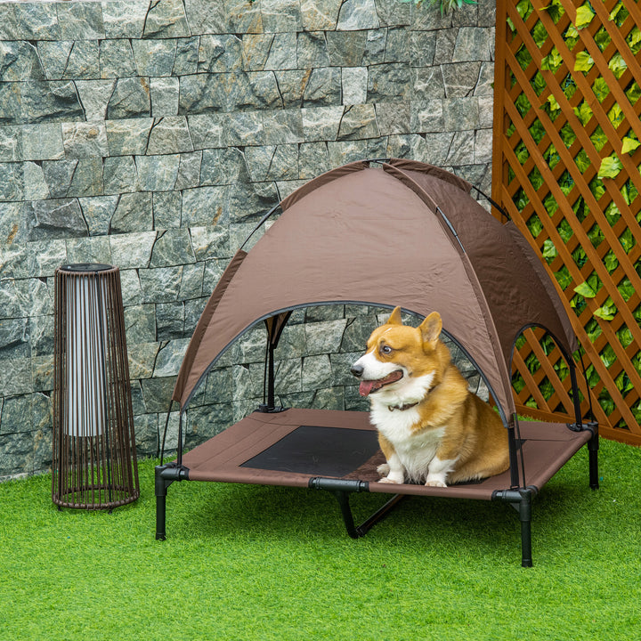 Forhøjet hundeseng med baldakin, kæledyrsseng, udendørs hundelig med tag, åndbar, taffetastof til camping, kaffe, 92 x 76 x 90 cm