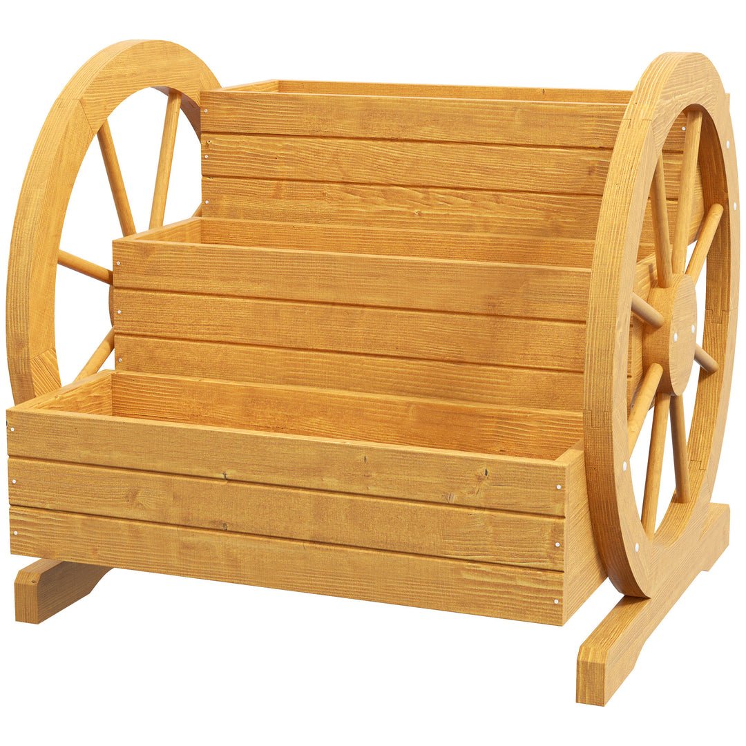 Højbed, 3 niveauer, vognhjulsdesign, naturtræ, 62 x 61 x 57 cm