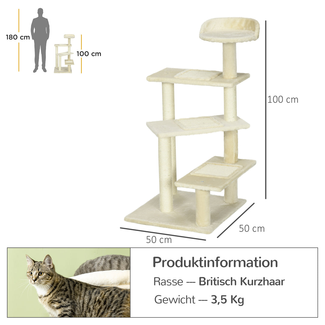 Kradsetræ 100 cm kattetårn med sisalstolper, stor platform, kradsetræ i flere niveauer, klatretræ, til små og mellemstore katte, beige