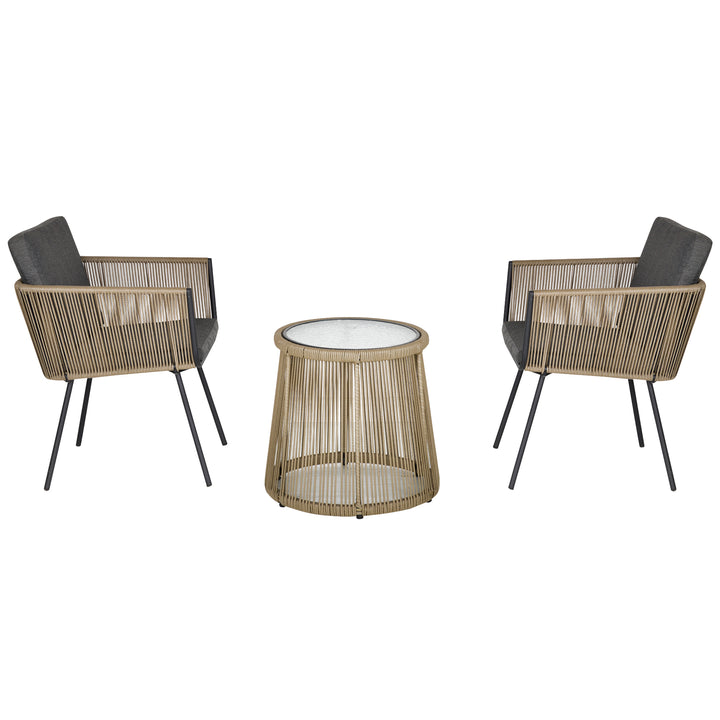 3-delt siddesæt, 2 stole, sidebord, sæde- og ryghynder, bordplade af hærdet glas, syntetisk rattan, grå