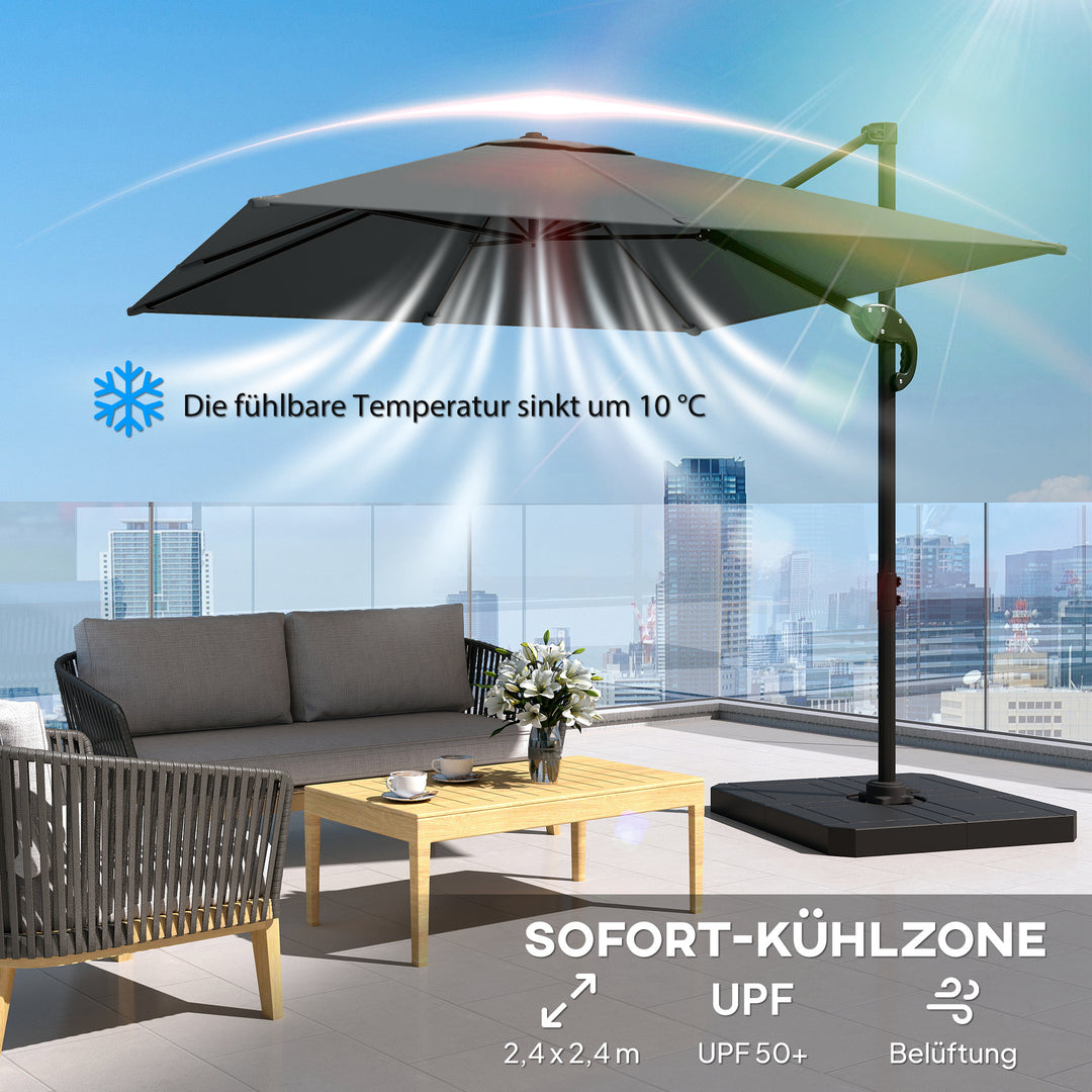 Aluminiums fritstående parasol Ø244cm, solskærm med håndsving, vandafvisende, 360° roterbar, mørkegrå