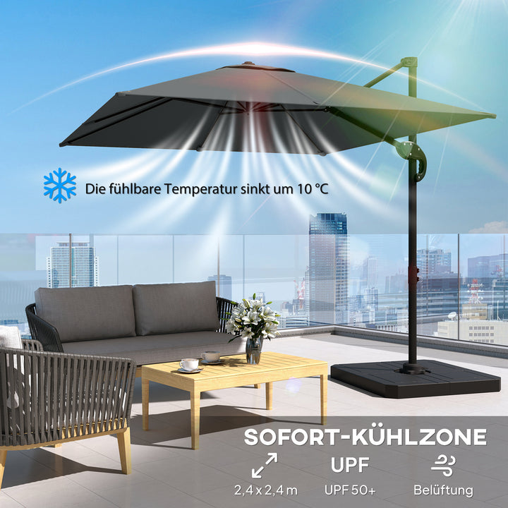 Aluminiums fritstående parasol Ø244cm, solskærm med håndsving, vandafvisende, 360° roterbar, mørkegrå