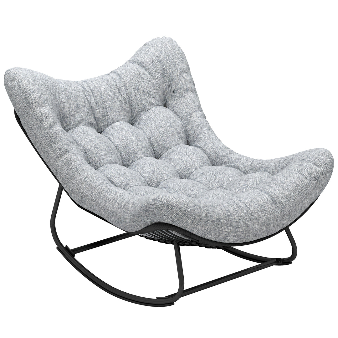 Rattan gyngestol havebænk med stålramme og hynde, 98 x 111 x 74 cm, grå