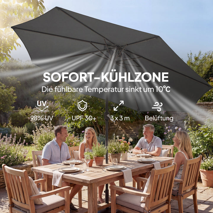 Parasol ca. Ø300 cm, vipbar balkonparasol med håndsving, krydsfod, sandsæk, UV 30+, udtrækkelig, mørkegrå