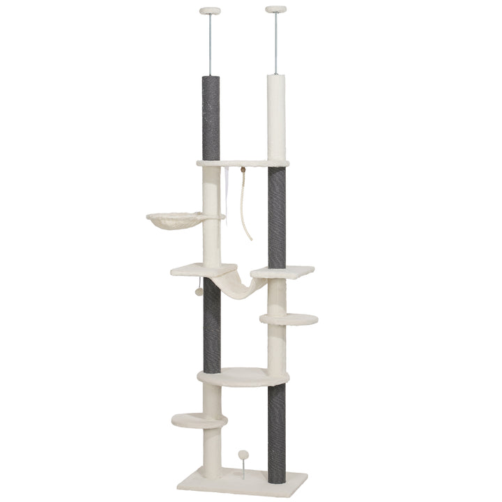 Kradsetræ, lofthøjde, justerbar 225-255 cm, platforme og hængekøjer, anti-tippe, hvid