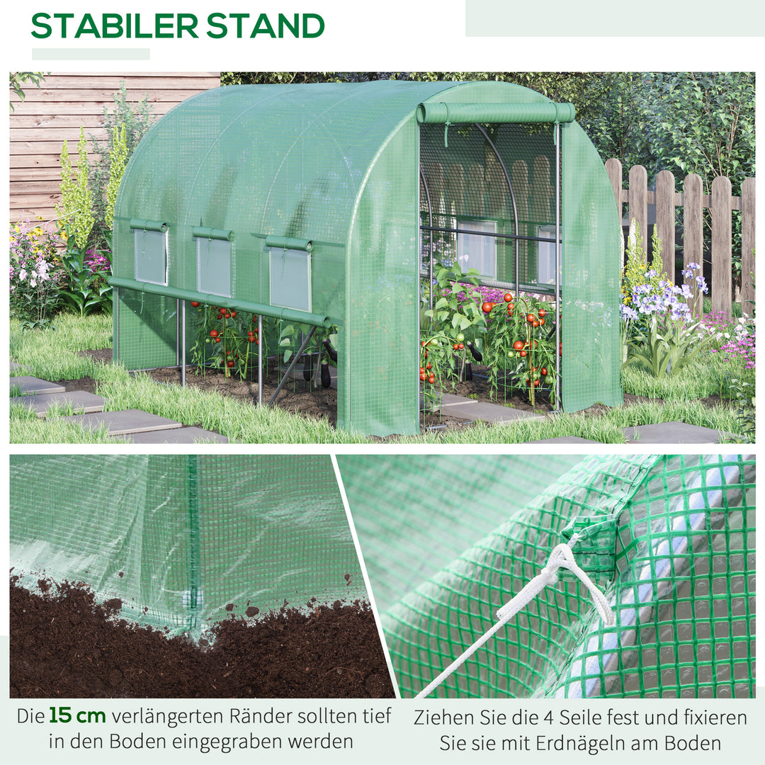 Polytunnel drivhus, 6 rullevinduer, lynlåsdør, ramme i rustfrit stål, 2,95 x 2 x 2 m, grøn