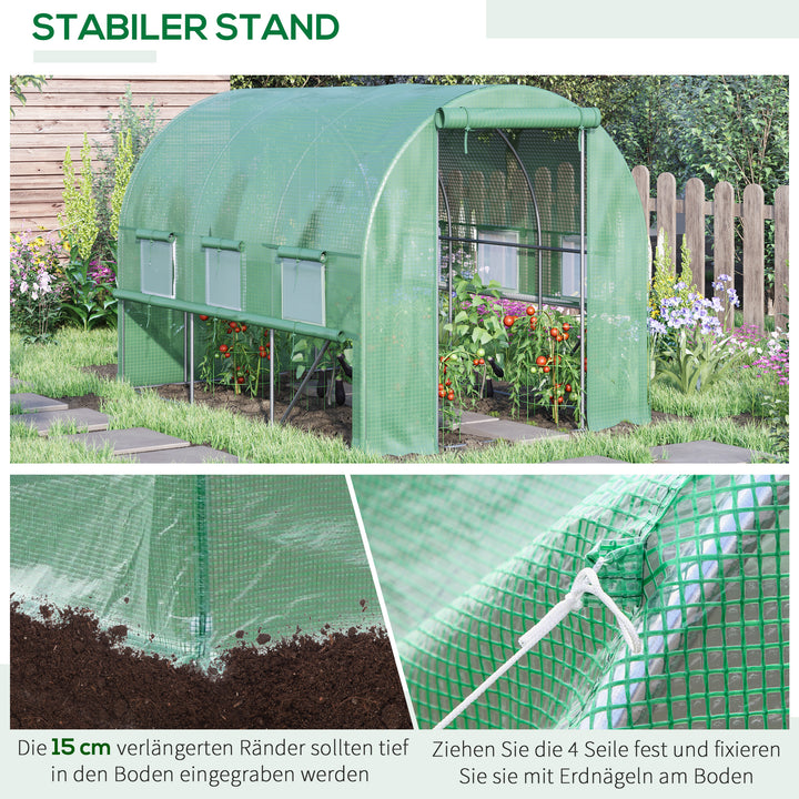 Polytunnel drivhus, 6 rullevinduer, lynlåsdør, ramme i rustfrit stål, 2,95 x 2 x 2 m, grøn