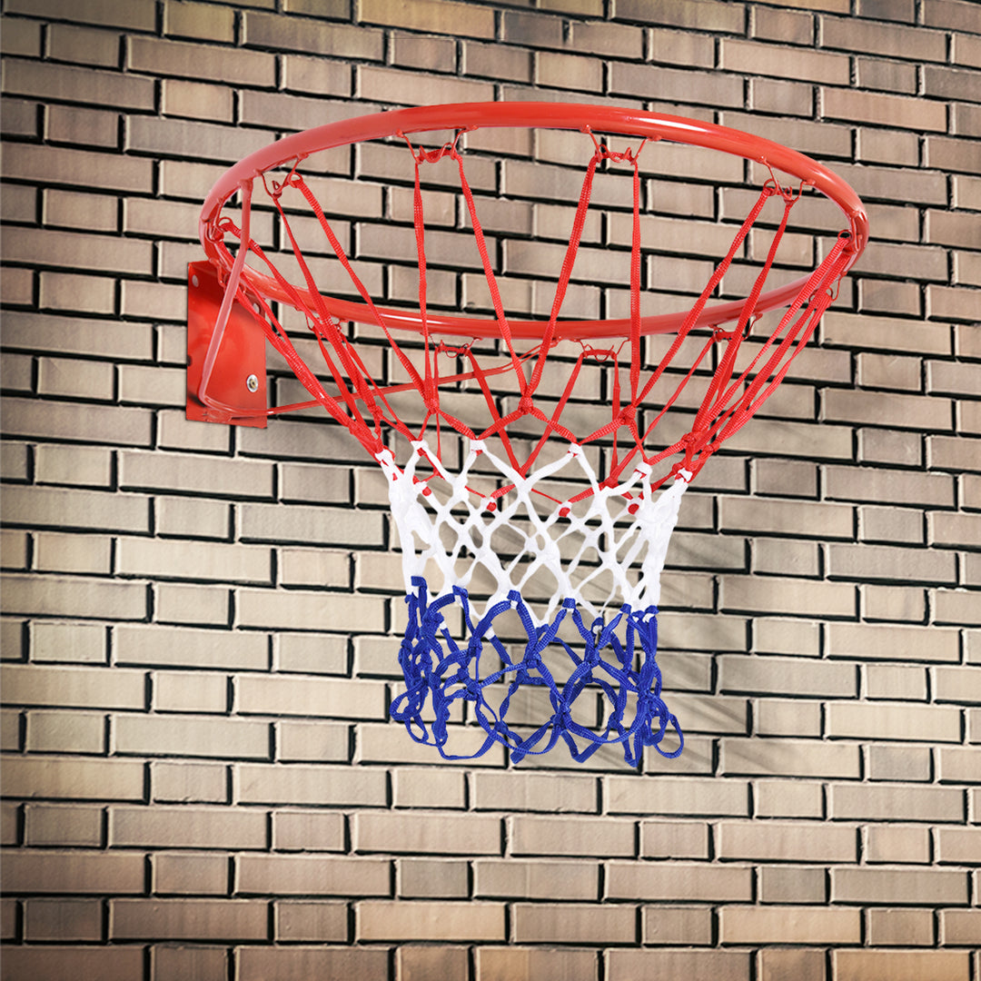 Basketballkurv, indendørs og udendørs med 46 cm kurv og net, vægmonteret, basketballbræt til unge voksne, rød + blå + hvid