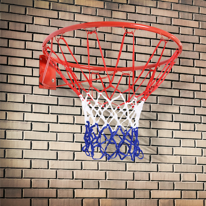 Basketballkurv, indendørs og udendørs med 46 cm kurv og net, vægmonteret, basketballbræt til unge voksne, rød + blå + hvid