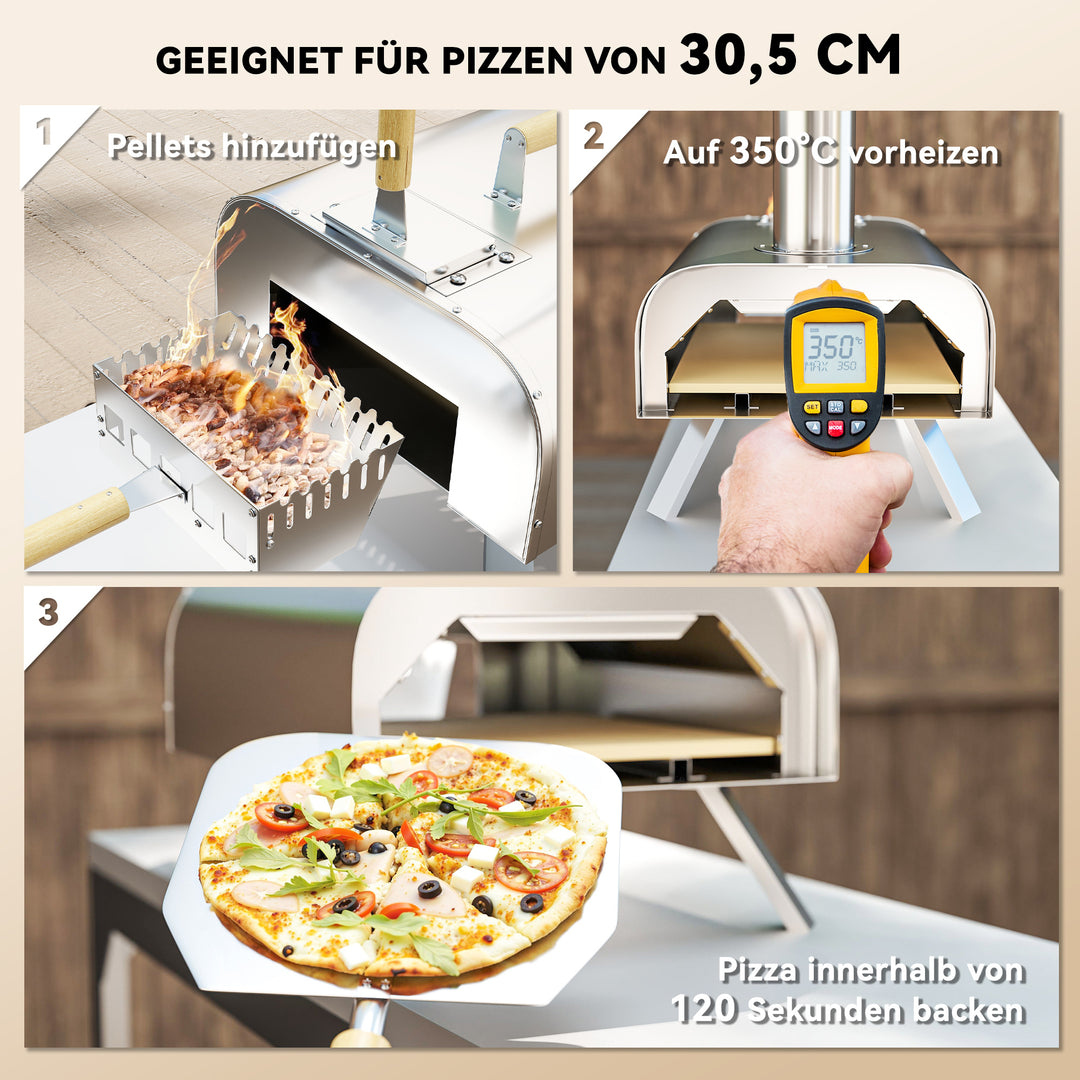 Udendørs pizzaovn, bærbar pizzaovn med pizzasten og skovl, foldbare ben, skorsten, rustfrit stål