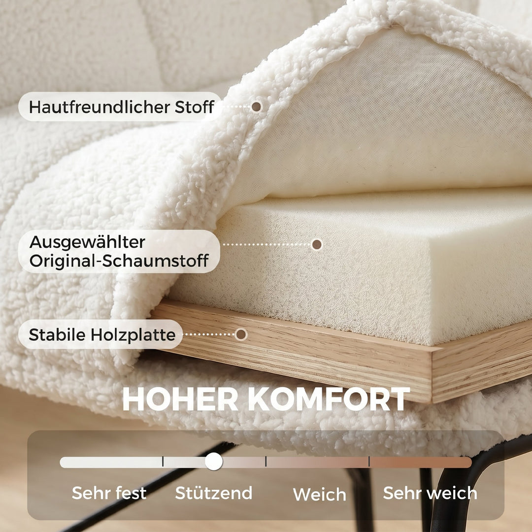 Moderne lænestol, sherpa fleece stol med buet ryglæn, integrerede armlæn, metalben, cremehvid