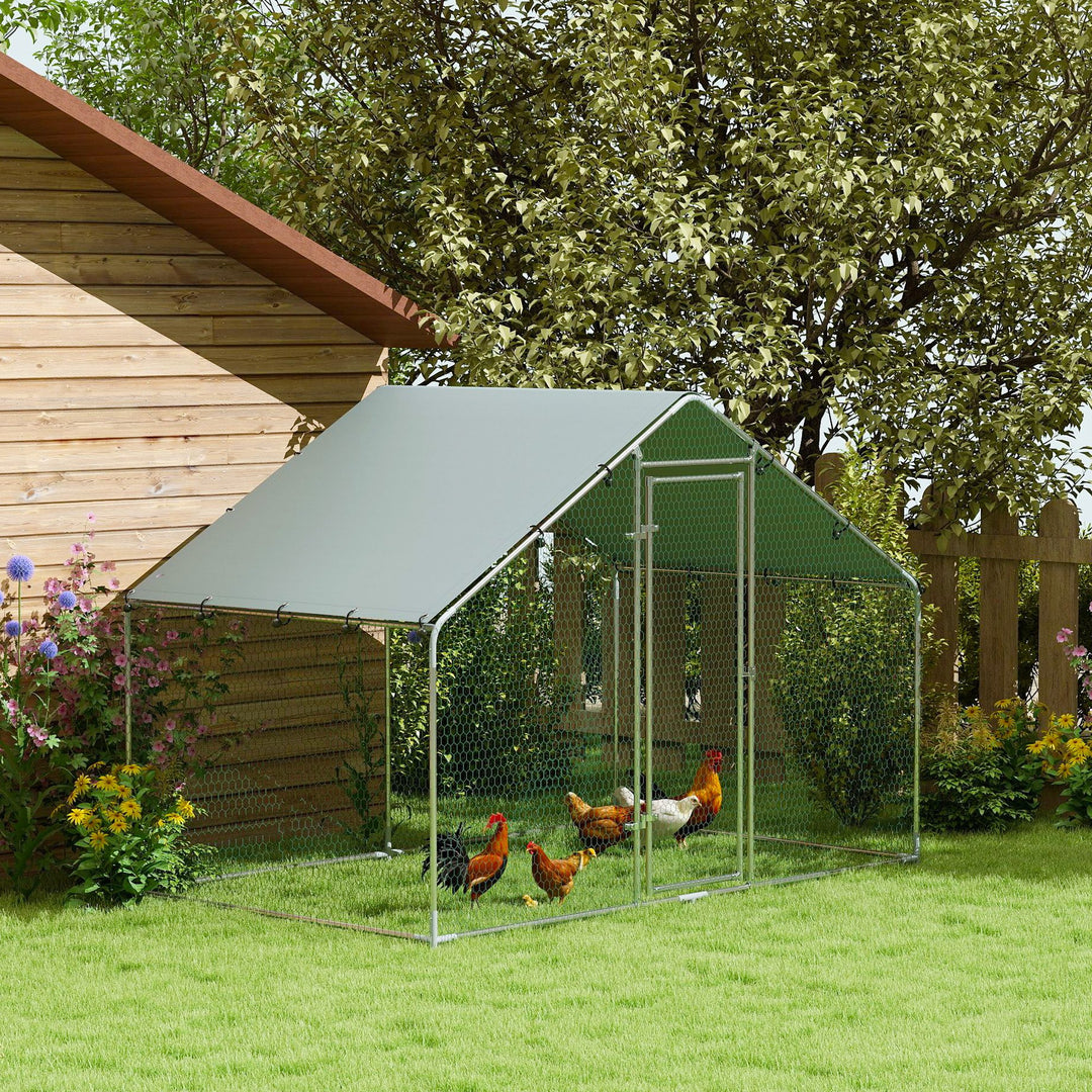 Hønsegård til 5-8 kyllinger, presenningtag, aflåselig dør, stålramme, 5,1 m², 3 x 1,7 x 1,9 m