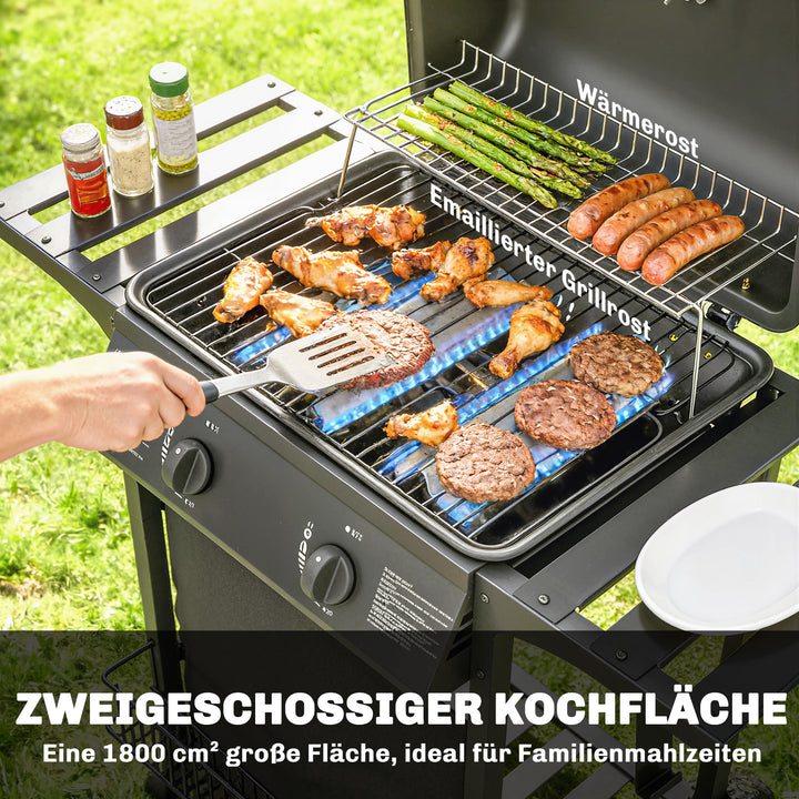 Gasgrill 5 KW 2 brændere BBQ grillvogn rustfrit stål inkl. sidebord, nederste kurv, frontlåg, termometer, emaljeret grillrist