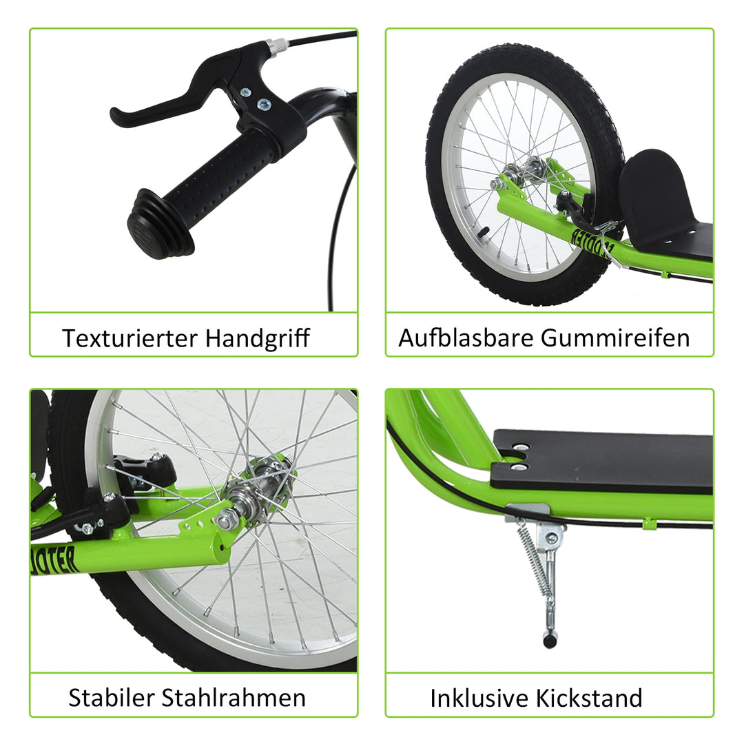 Børnescooter, sparkscooter, city scooter, sparkscooter, børnesparkbræt med luftgummidæk og håndbremse, scooter til børn fra 5 år, 16 tommer, grøn, 139 x 58 x 90-96 cm