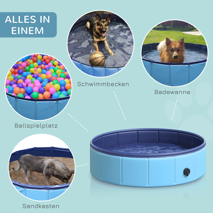 Sammenklappeligt hundebadekar, hundepool, swimmingpool, børnepool, badekar til hunde og katte, vandbassin af plastik og træ, Ø80 x H20 cm, blå