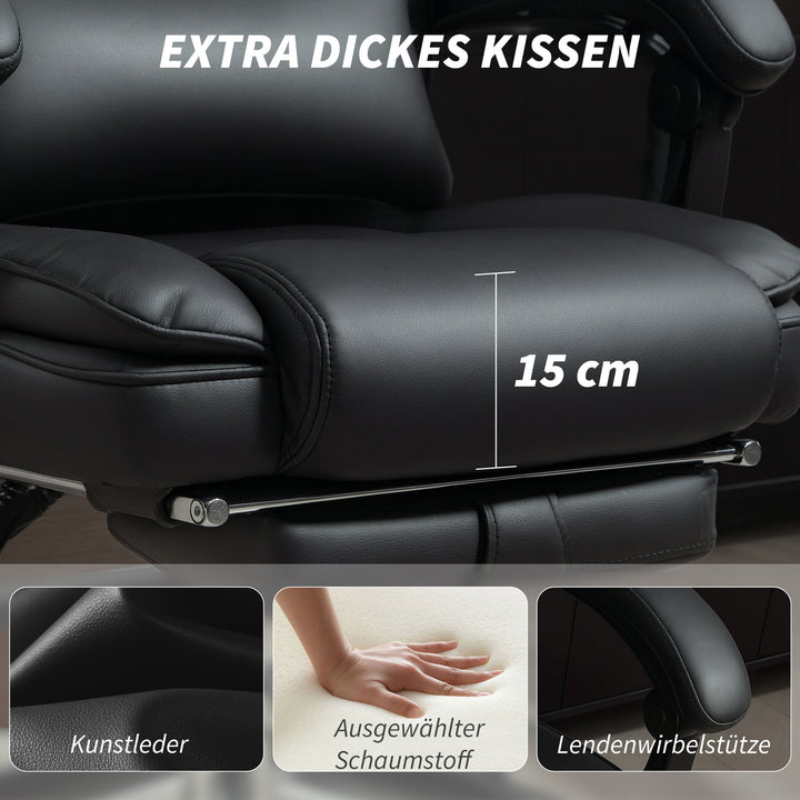 Kontorstol, ergonomisk højdejusterbar drejestol med lændestøtte, armlæn, fodstøtte, PU-læder, sort