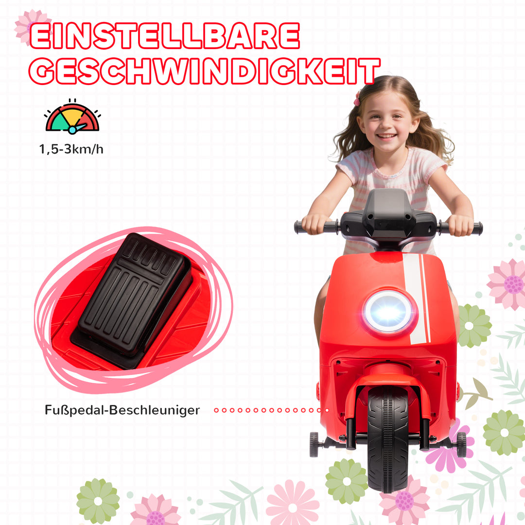 6V elmotorcykel til børn, med forlygte og musik, frem- og bakgear, støttehjul, 18-36 måneder, rød