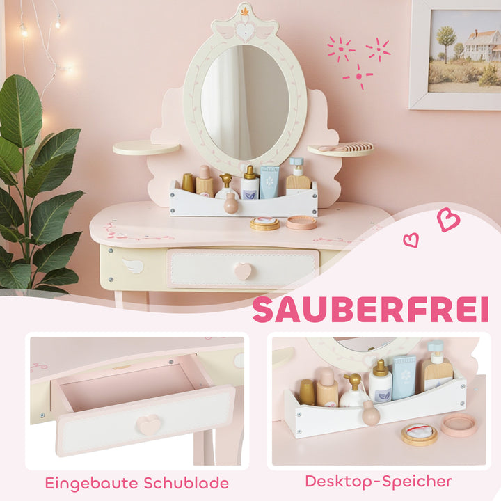 Børnesminkebord, stol, skuffe, aftageligt spejl, børneskrivebord med 7 tilbehør, 2-i-1 design, MDF, pink