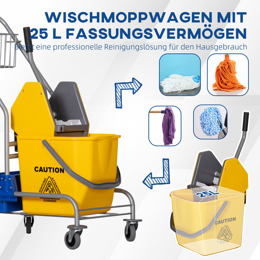 Rengøringsvogn, moppevogn, 25 l kapacitet, 4 hjul, plastik, gul
