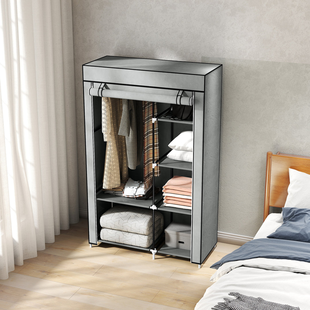 Stofgarderobe, opbevaringsløsning, 6 hylder, 1 garderobestang, lysegrå