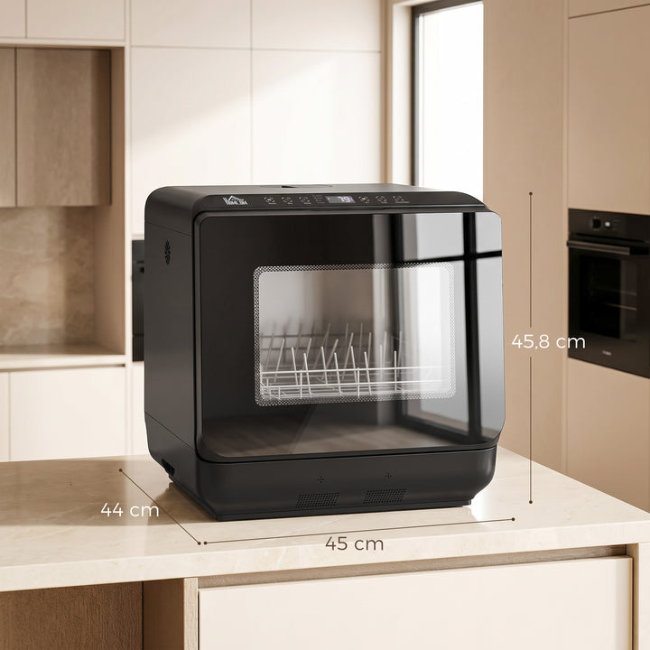 Bordopvaskemaskine, miniopvaskemaskine med 6-liters tank, 5 programmer, LED-display, tørrefunktion, sort