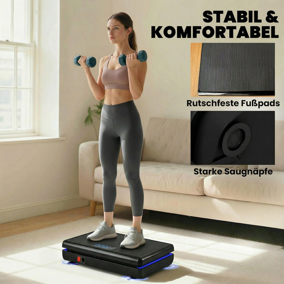 Vibrationsplade med 120 intensitetsniveauer, 5 forprogrammer, LED-lys, modstandsbånd, skridsikker overflade