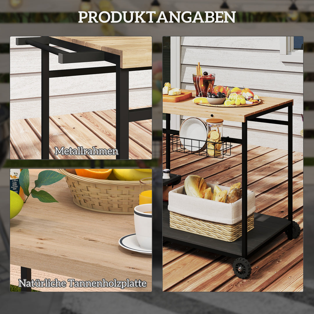 Serveringsvogn, køkkenvogn, 2 hylder, 4 flaskeholdere, indendørs/udendørs, naturlig/sort