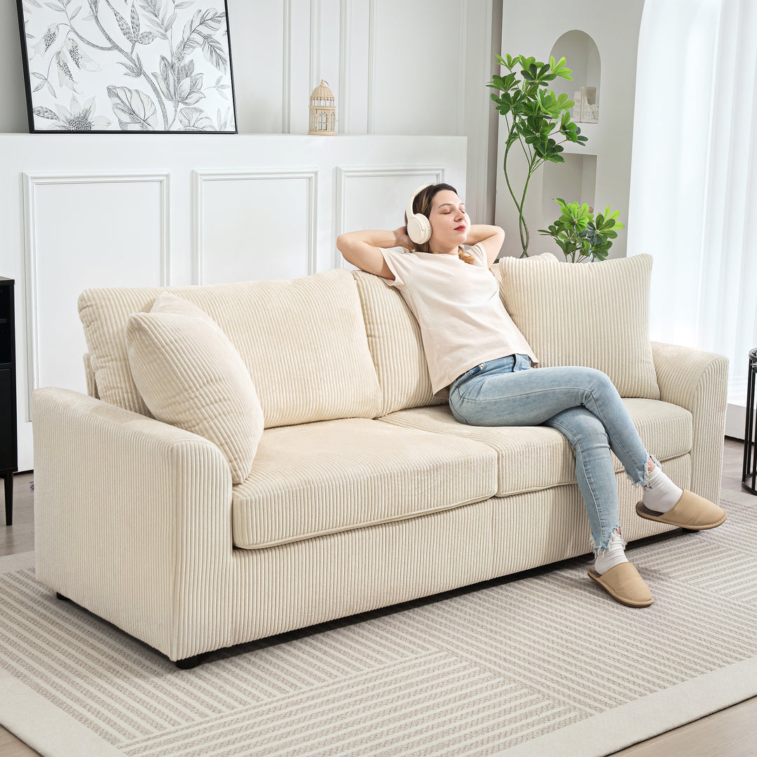 3-personers sofa med dekorative hynder, corduroy sofa til stue, soveværelse, 212 cm bred, cremehvid
