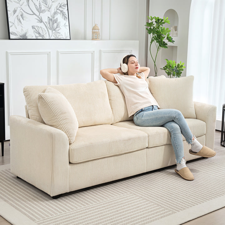 3-personers sofa med dekorative hynder, corduroy sofa til stue, soveværelse, 212 cm bred, cremehvid