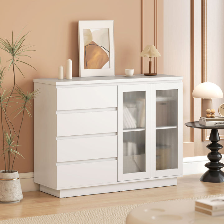 Buffetskab, skænk med 4 skuffer, 2 vitrinelåger, moderne design, MDF, hvid
