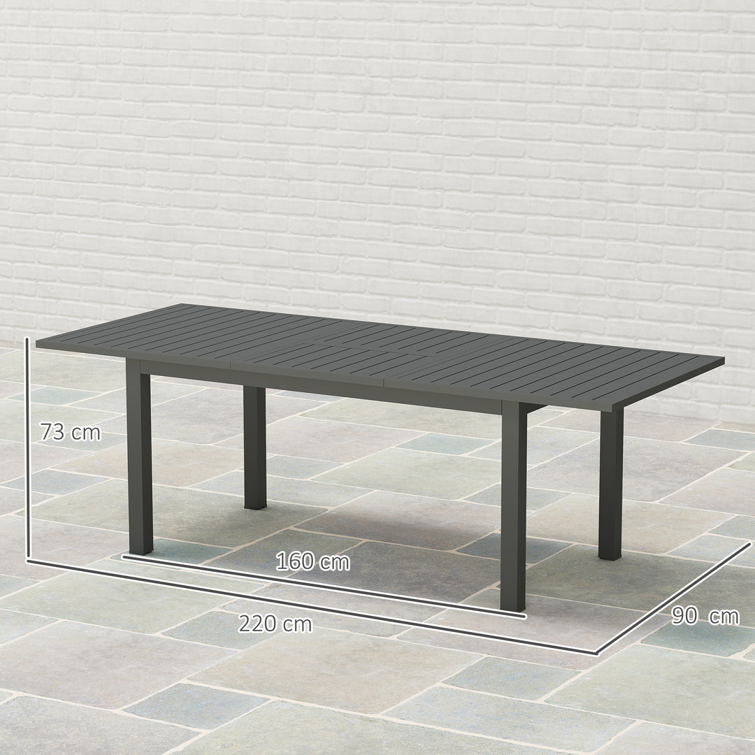 Udvidet havebord 160/220x90cm, aluminium spisebord til 6-8 personer, vejrbestandigt, lameldesign til haven, grå