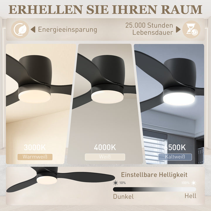 Loftsventilator med lampe og fjernbetjening, 3 lysfarver, 6 hastigheder, justerbar lysstyrke, sort