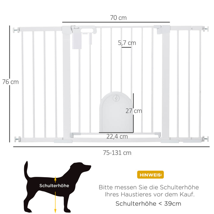 Dørsikkerhedslåge, trappesikkerhedslåge, hundebarrierer, kæledyrssikkerhedslåge, hundegitter, klemmemontering, metal, ABS, hvid, 75-131 x 76 cm